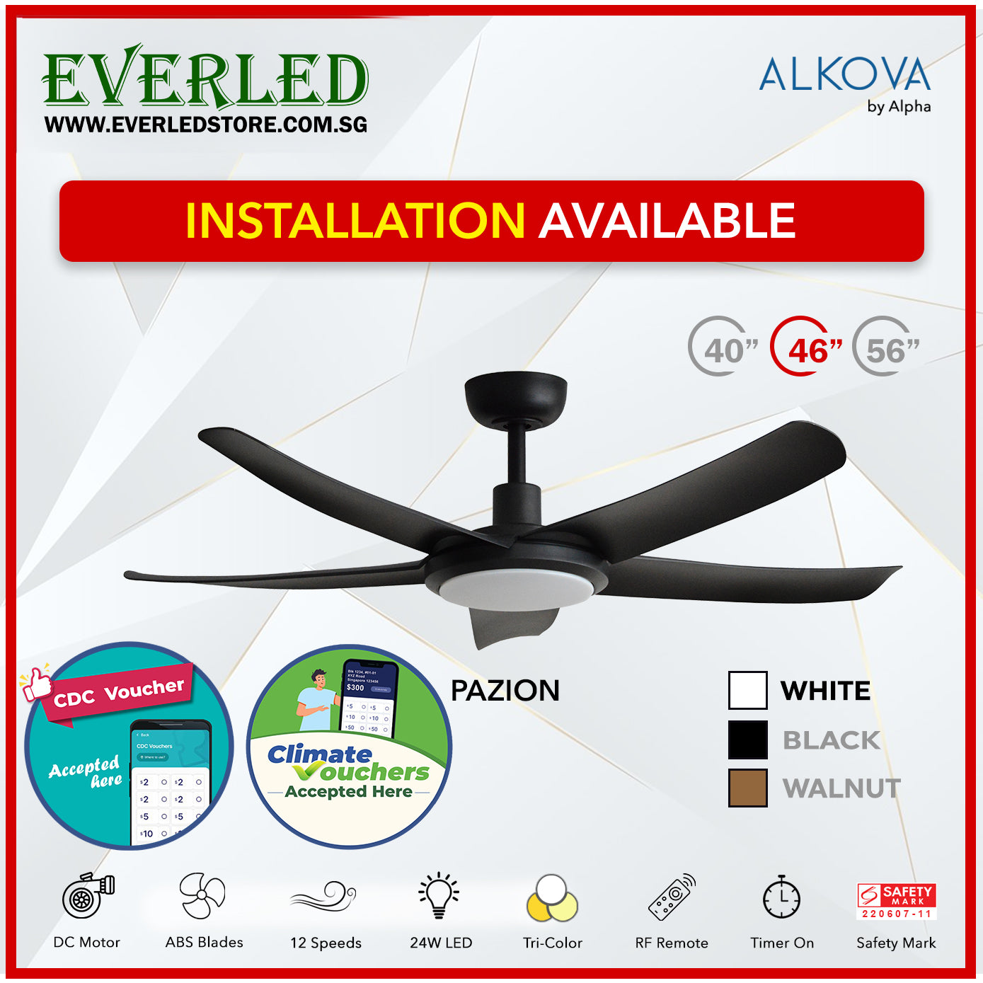 *STANDARD INSTALLATION* Alpha DC Pazion 40/46/56" with Tri-colour LED (Inverter DC fan) *CDC & Climate Voucher Accepted In Showroom*