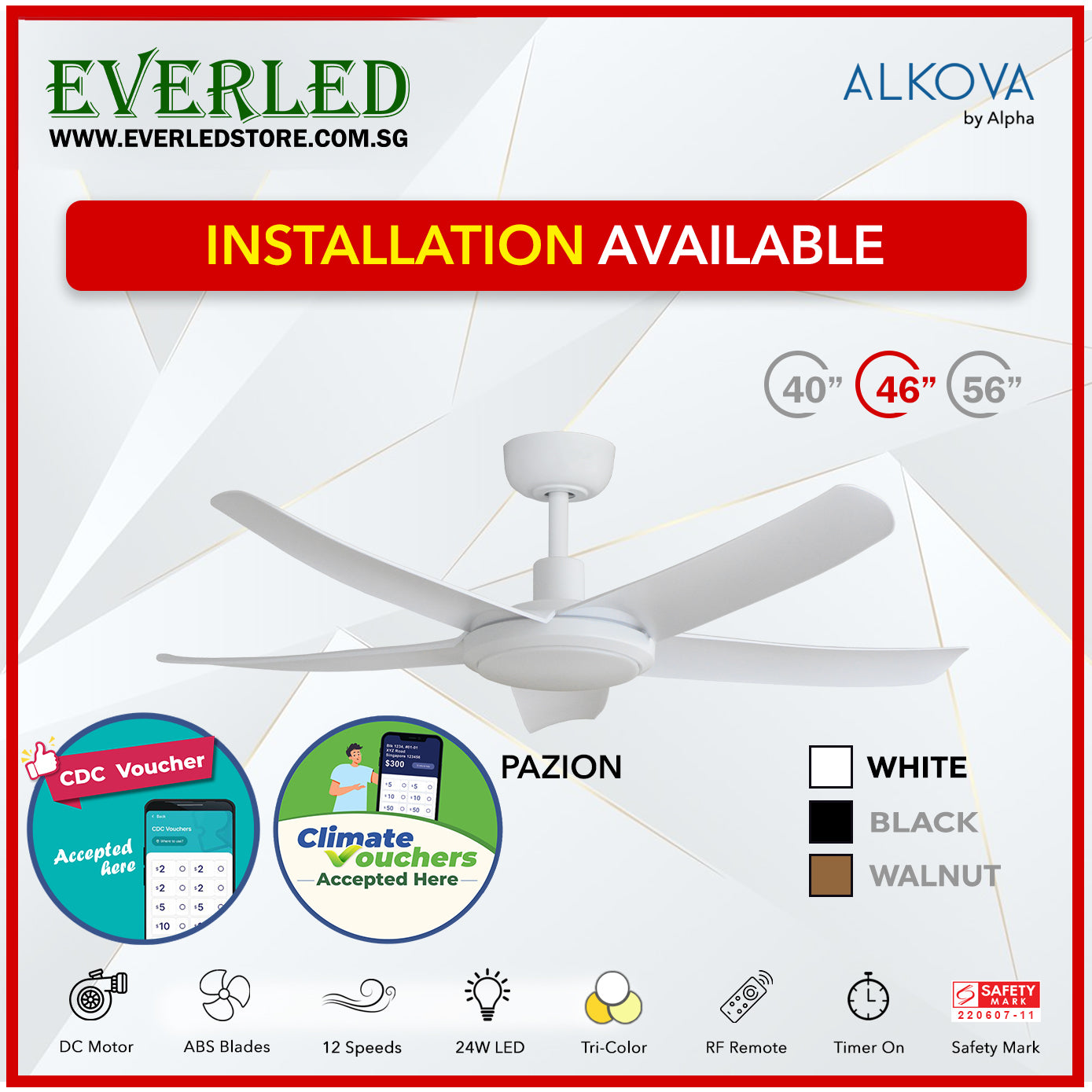*STANDARD INSTALLATION* Alpha DC Pazion 40/46/56" with Tri-colour LED (Inverter DC fan) *CDC & Climate Voucher Accepted In Showroom*