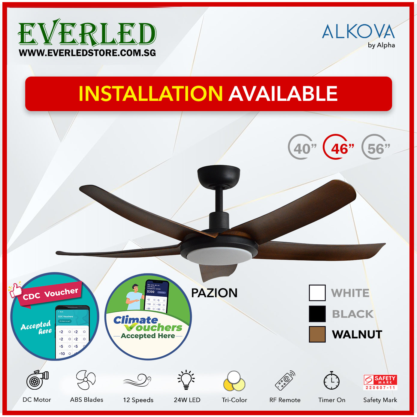 *STANDARD INSTALLATION* Alpha DC Pazion 40/46/56" with Tri-colour LED (Inverter DC fan) *CDC & Climate Voucher Accepted In Showroom*