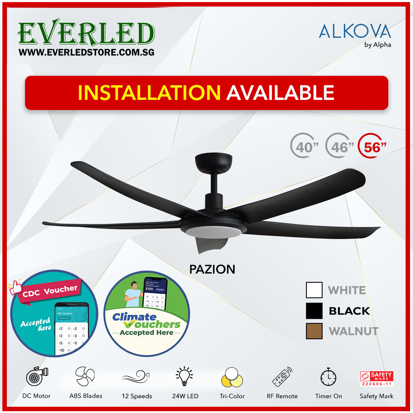 *STANDARD INSTALLATION* Alpha DC Pazion 40/46/56" with Tri-colour LED (Inverter DC fan) *CDC & Climate Voucher Accepted In Showroom*