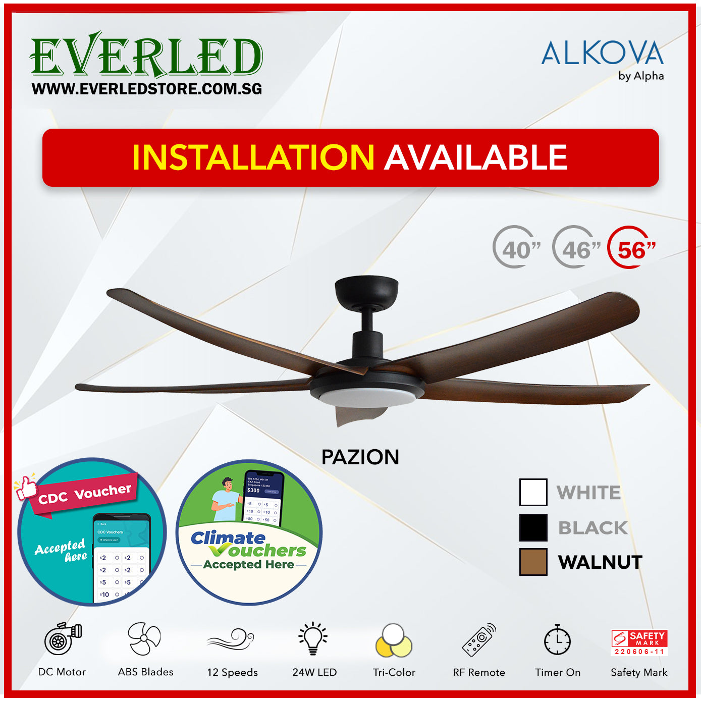 *STANDARD INSTALLATION* Alpha DC Pazion 40/46/56" with Tri-colour LED (Inverter DC fan) *CDC & Climate Voucher Accepted In Showroom*