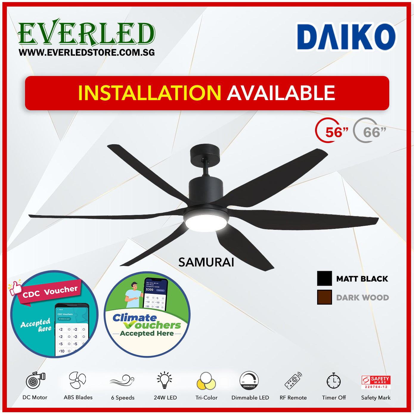 Daiko DC Samurai 56" with Tri-color LED (Inverter DC Fan) *CDC & Climate Voucher Accepted In Showroom*