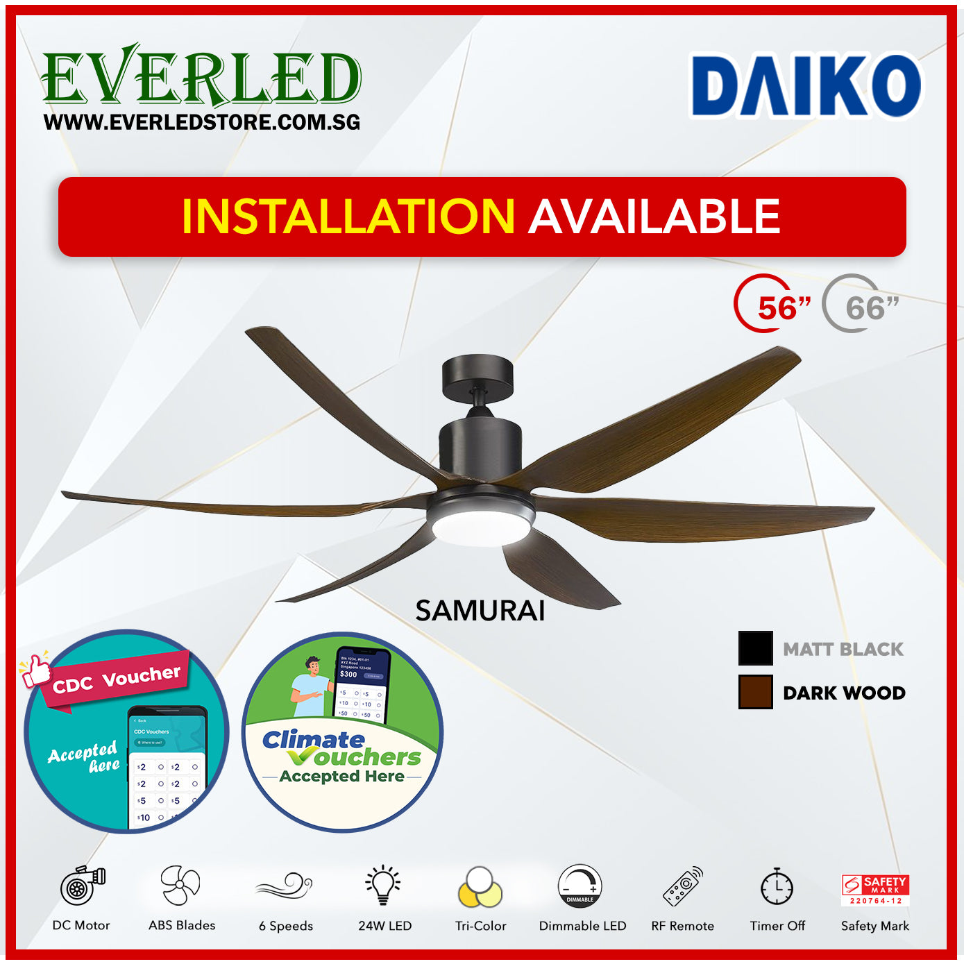 Daiko DC Samurai 56" with Tri-color LED (Inverter DC Fan) *CDC & Climate Voucher Accepted In Showroom*
