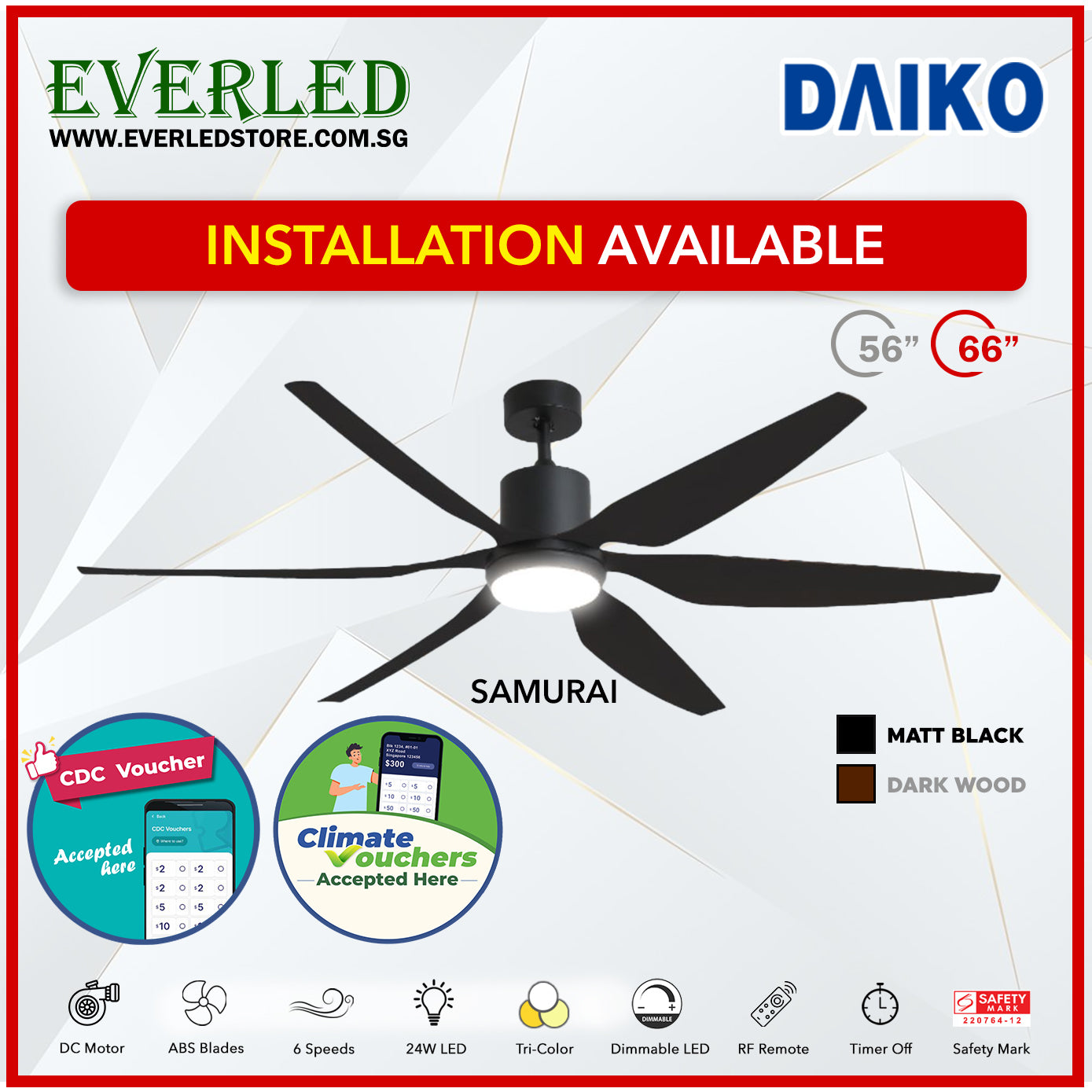 Daiko DC Samurai 56" with Tri-color LED (Inverter DC Fan) *CDC & Climate Voucher Accepted In Showroom*