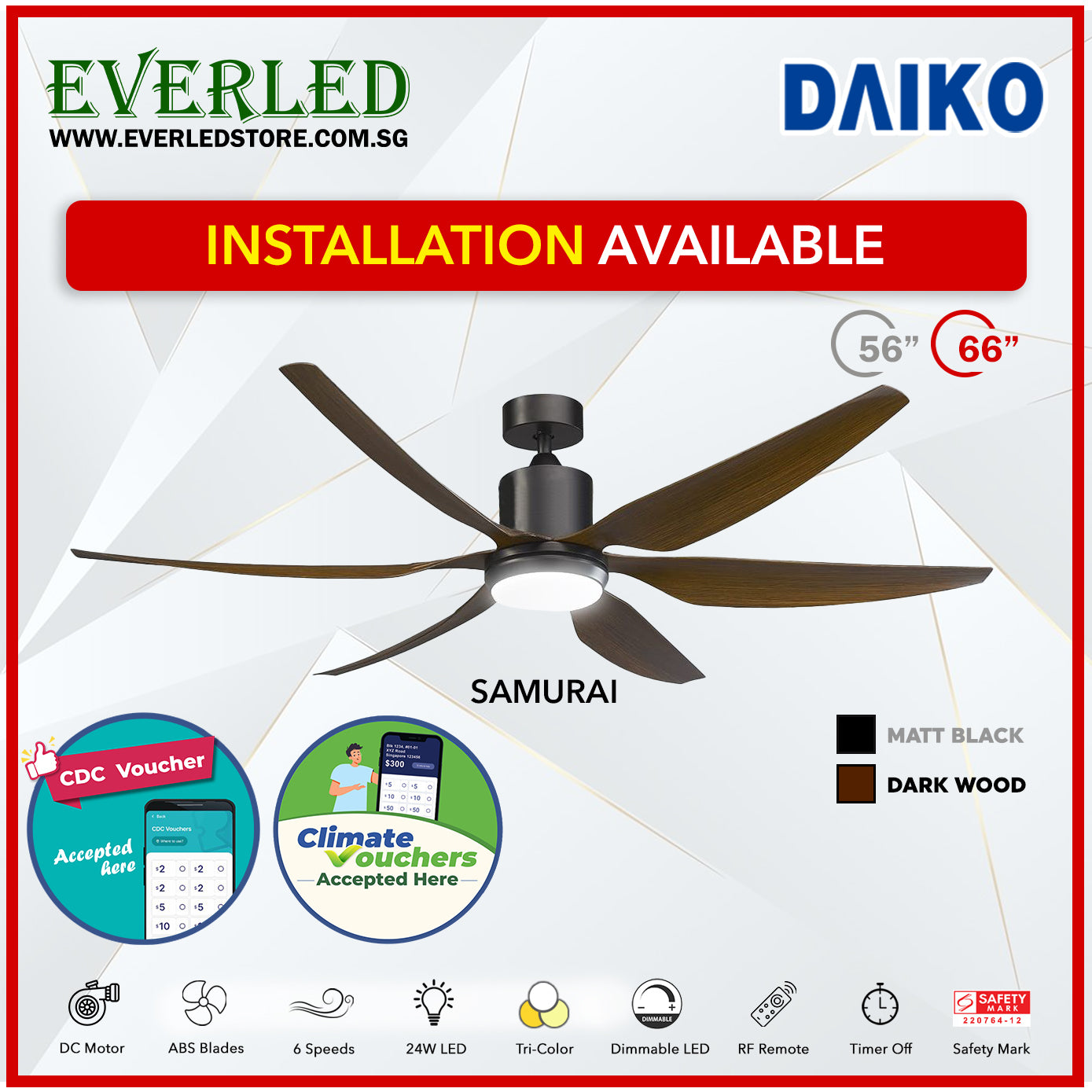 Daiko DC Samurai 56" with Tri-color LED (Inverter DC Fan) *CDC & Climate Voucher Accepted In Showroom*