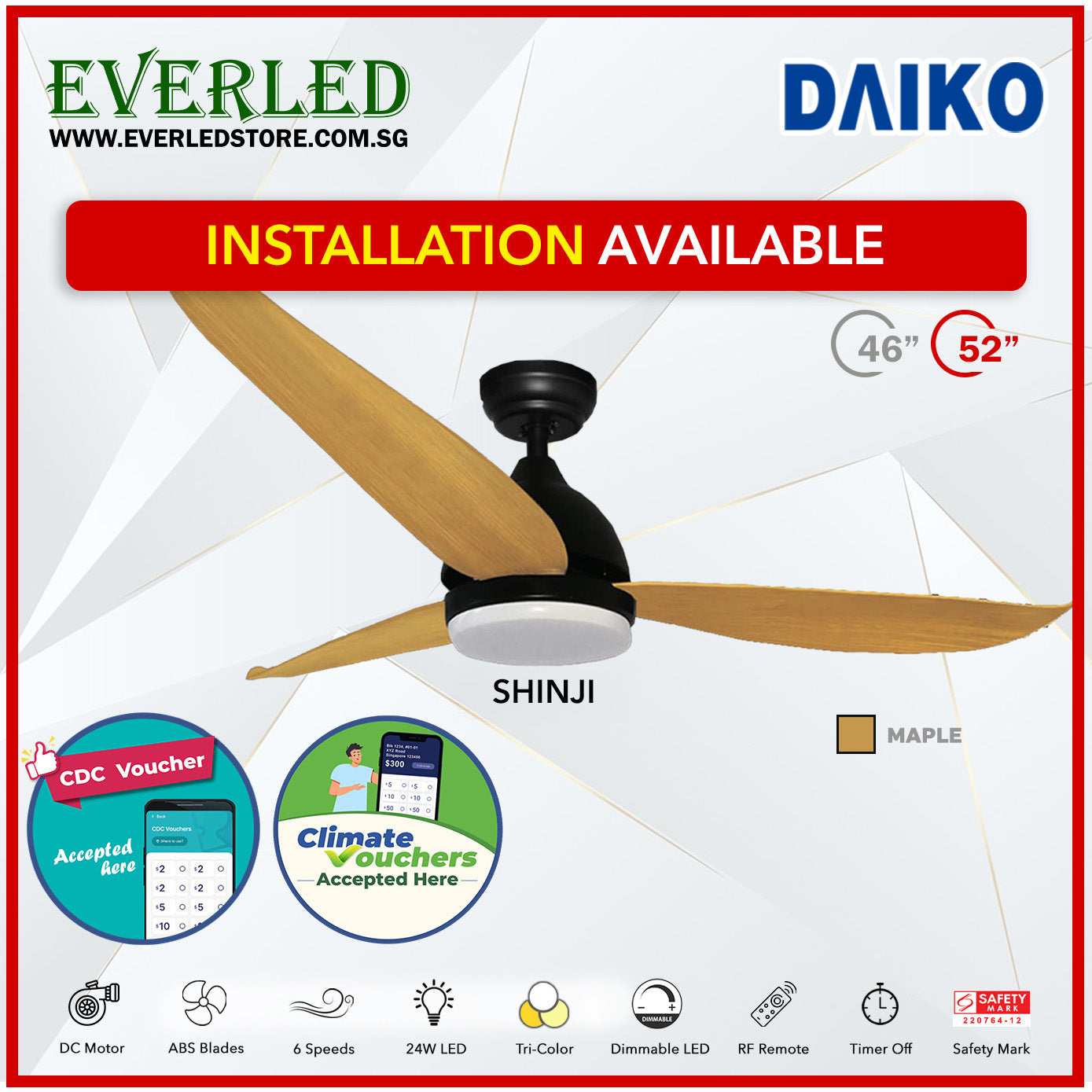 *FREE STANDARD INSTALLATION* Daiko DC Shinji 36"/46"/52" with Tri-color LED (Inverter DC Fan) *CDC & Climate Voucher Accepted in Showroom*