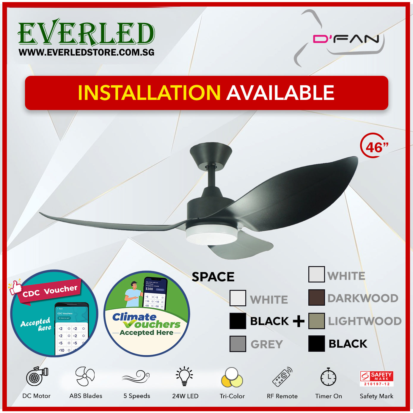 *STANDARD INSTALLATION* Mistral Dfan DC Space 46" with Tri-color LED (Inverter DC Fan) *CDC & Climate Voucher Accepted In Showroom*