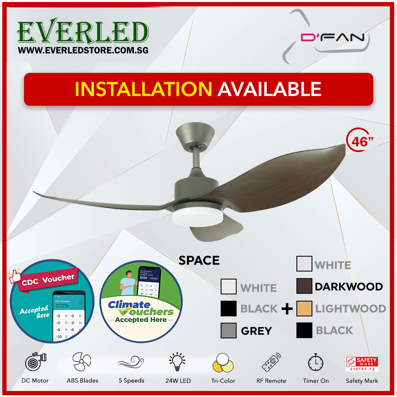 *STANDARD INSTALLATION* Mistral Dfan DC Space 46" with Tri-color LED (Inverter DC Fan) *CDC & Climate Voucher Accepted In Showroom*