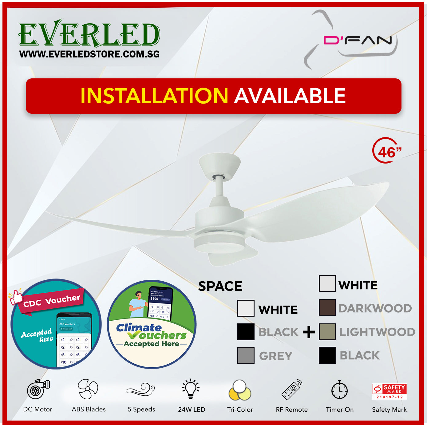*STANDARD INSTALLATION* Mistral Dfan DC Space 46" with Tri-color LED (Inverter DC Fan) *CDC & Climate Voucher Accepted In Showroom*