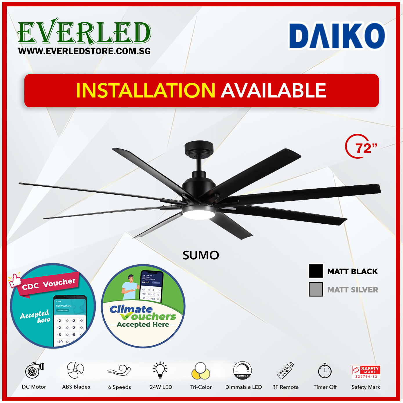 *FREE STANDARD INSTALLATION* Daiko DC Sumo 72" with Tri-color LED (Inverter DC Fan) *CDC & Climate Voucher Accepted In Showroom*