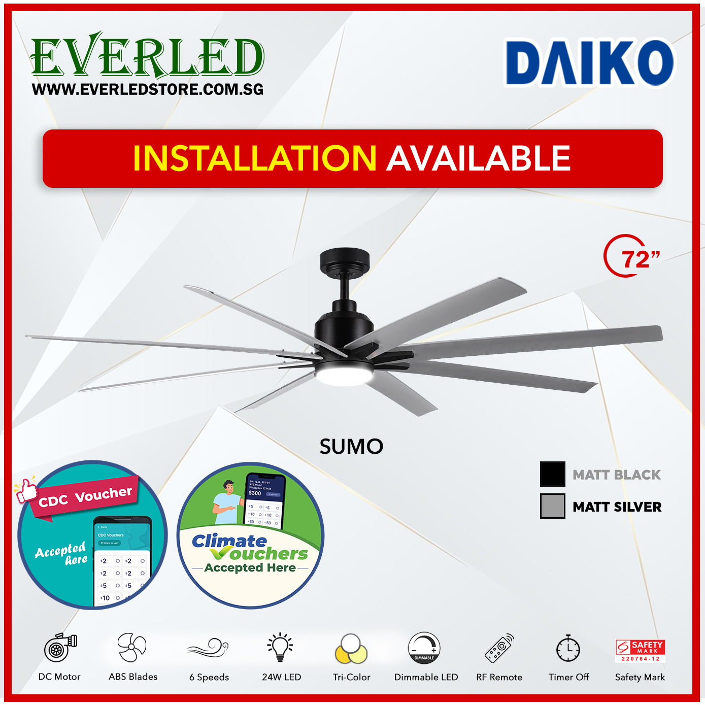 *FREE STANDARD INSTALLATION* Daiko DC Sumo 72" with Tri-color LED (Inverter DC Fan) *CDC & Climate Voucher Accepted In Showroom*