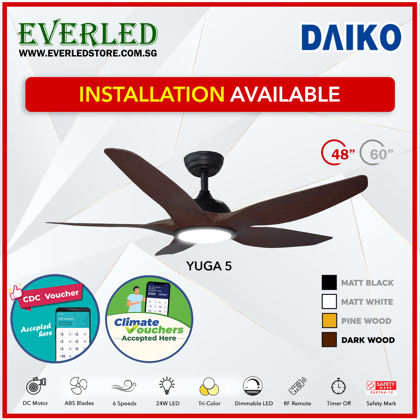 *FREE INSTALLATION* Daiko DC Yuga 5 48"/60" with Tri-color LED (Inverter DC Fan) *CDC & Climate Voucher Accepted in Showroom*