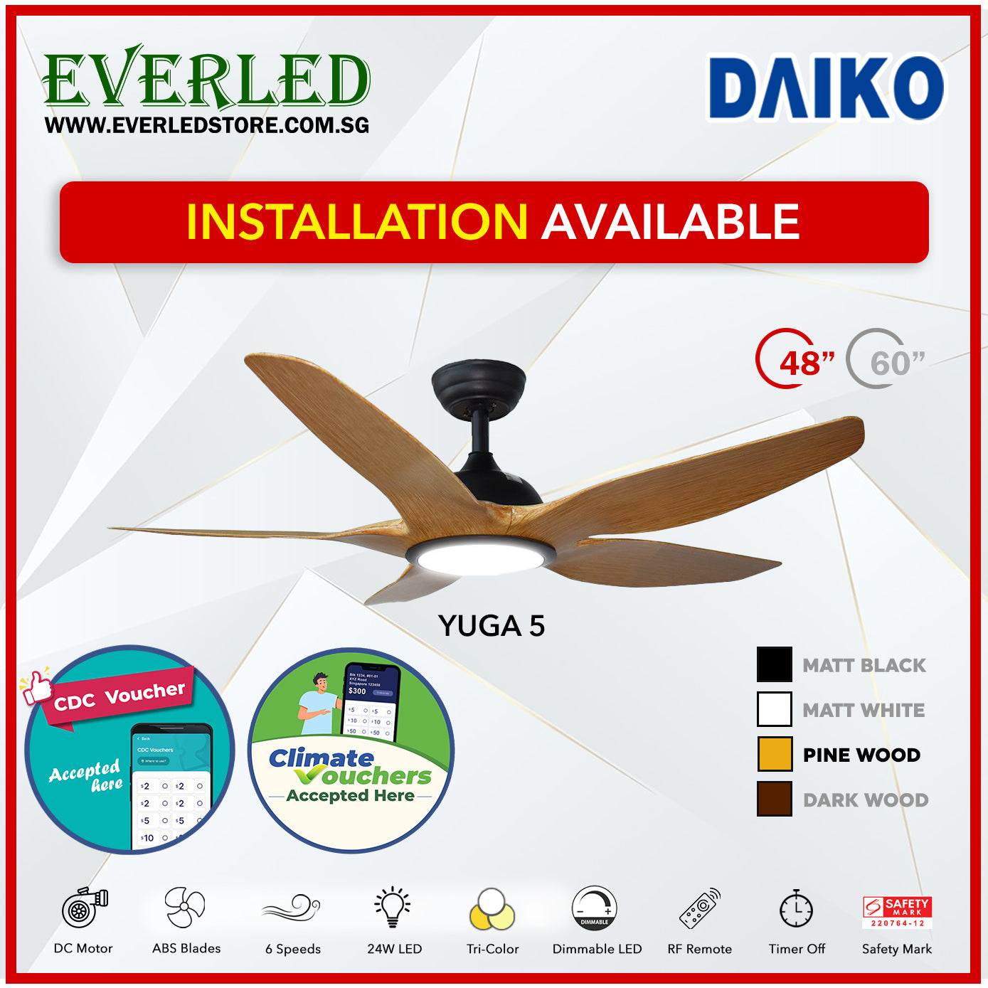*FREE INSTALLATION* Daiko DC Yuga 5 48"/60" with Tri-color LED (Inverter DC Fan) *CDC & Climate Voucher Accepted in Showroom*