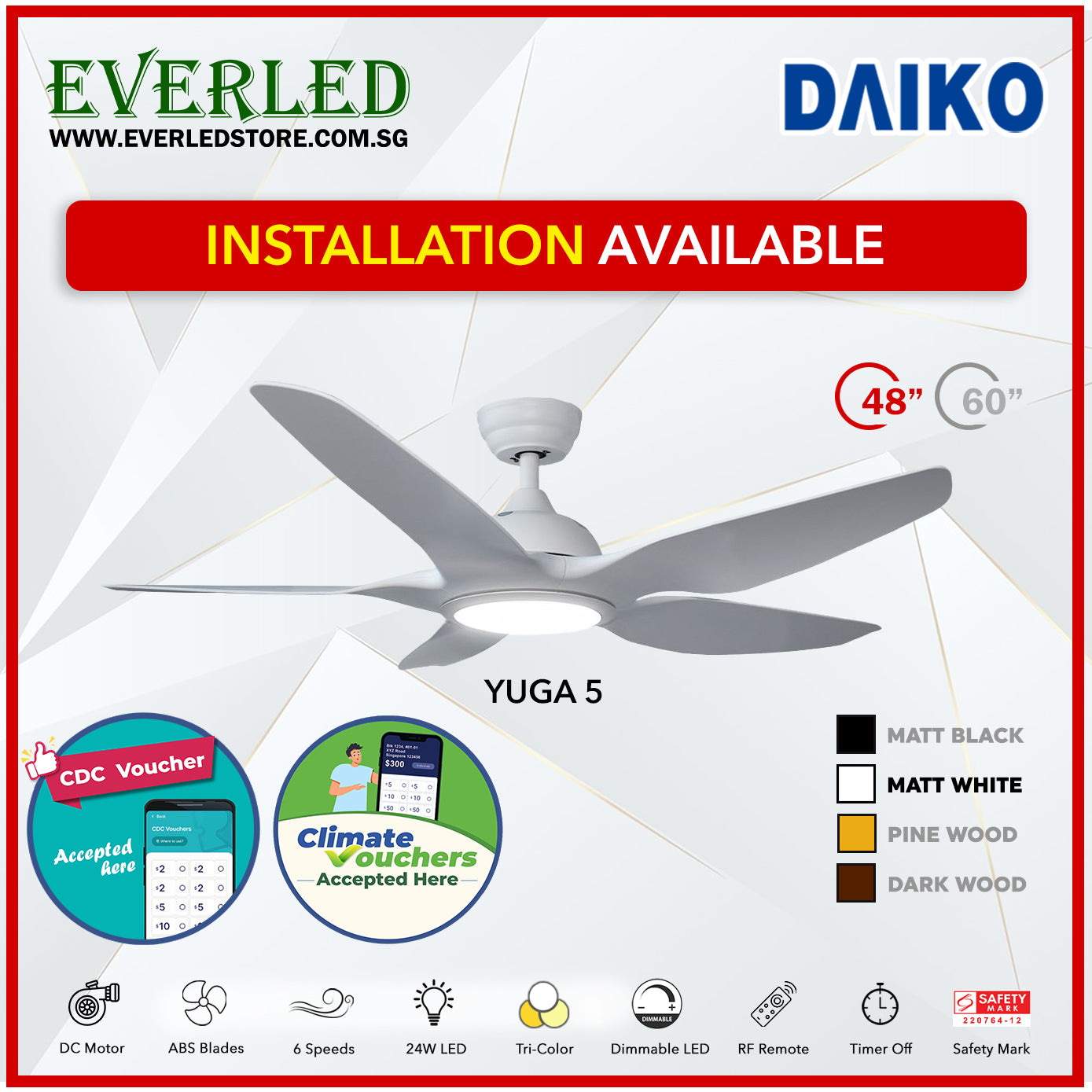 *FREE INSTALLATION* Daiko DC Yuga 5 48"/60" with Tri-color LED (Inverter DC Fan) *CDC & Climate Voucher Accepted in Showroom*