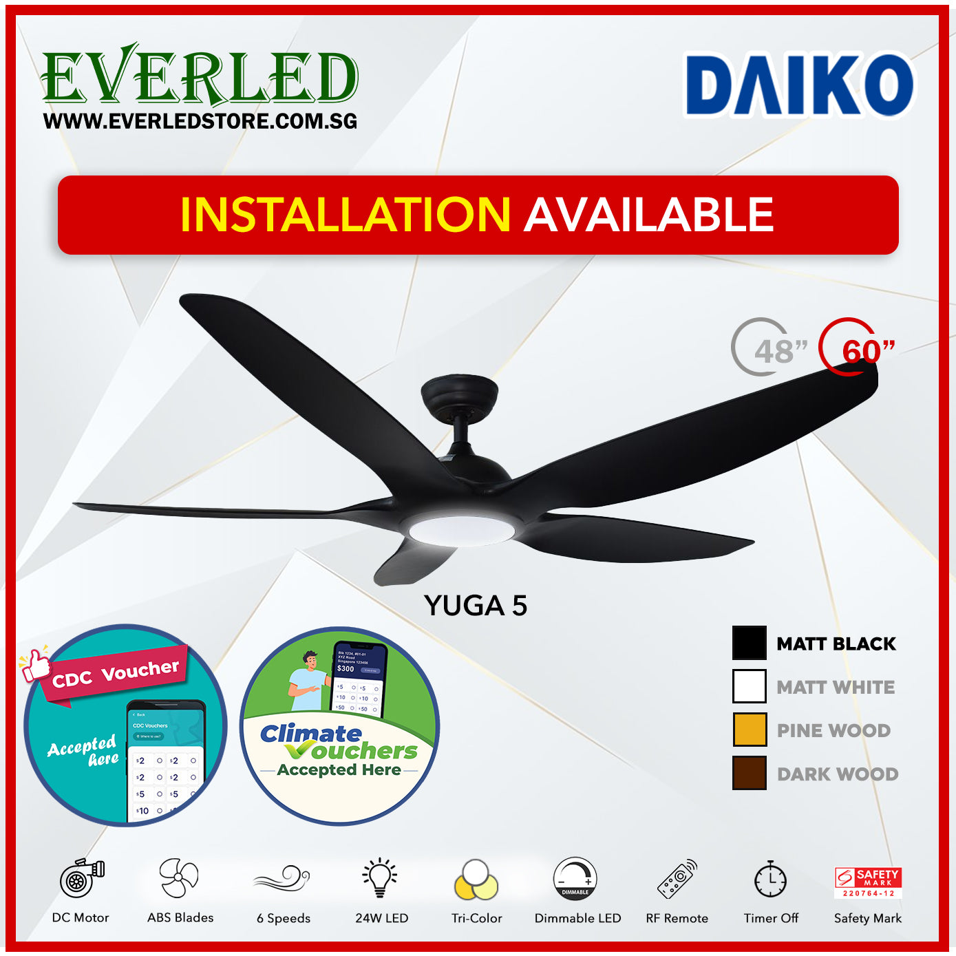 *FREE INSTALLATION* Daiko DC Yuga 5 48"/60" with Tri-color LED (Inverter DC Fan) *CDC & Climate Voucher Accepted in Showroom*