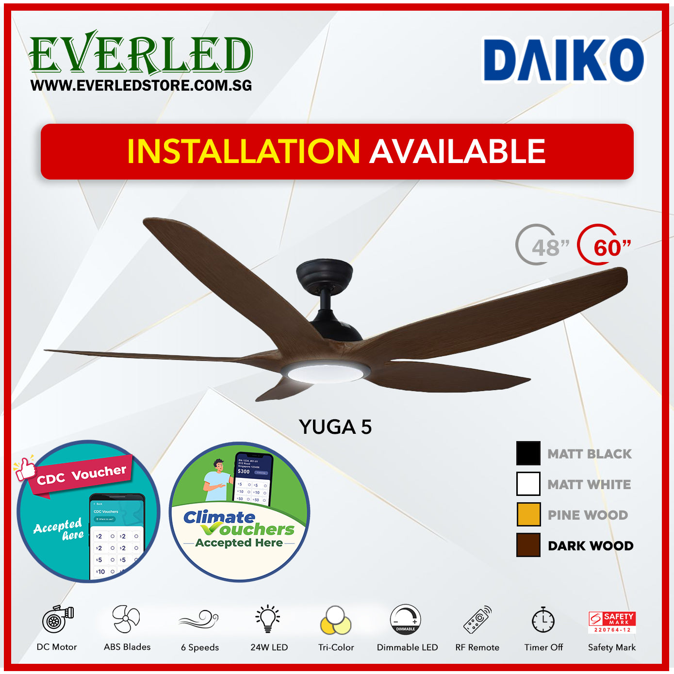 *FREE INSTALLATION* Daiko DC Yuga 5 48"/60" with Tri-color LED (Inverter DC Fan) *CDC & Climate Voucher Accepted in Showroom*