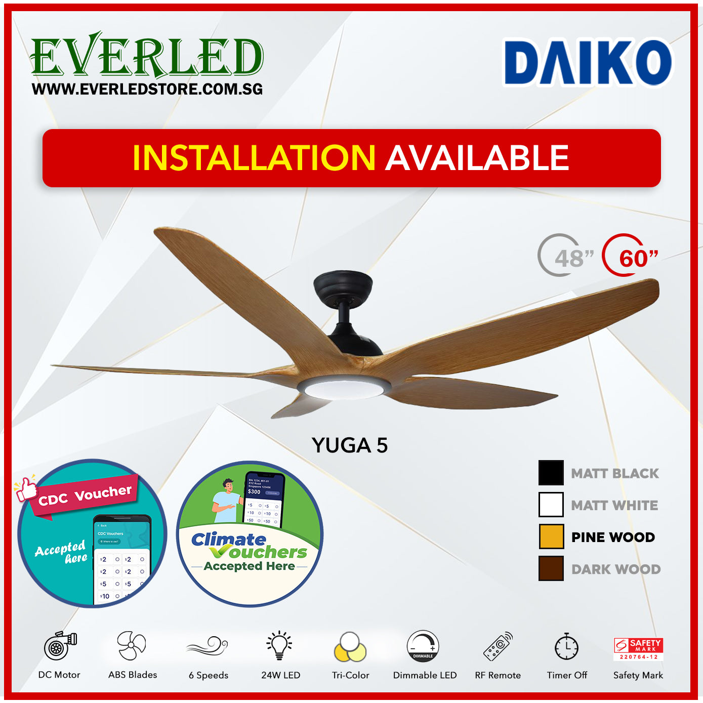 *FREE INSTALLATION* Daiko DC Yuga 5 48"/60" with Tri-color LED (Inverter DC Fan) *CDC & Climate Voucher Accepted in Showroom*