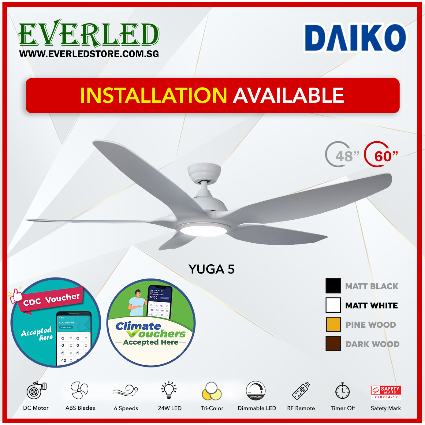 *FREE INSTALLATION* Daiko DC Yuga 5 48"/60" with Tri-color LED (Inverter DC Fan) *CDC & Climate Voucher Accepted in Showroom*