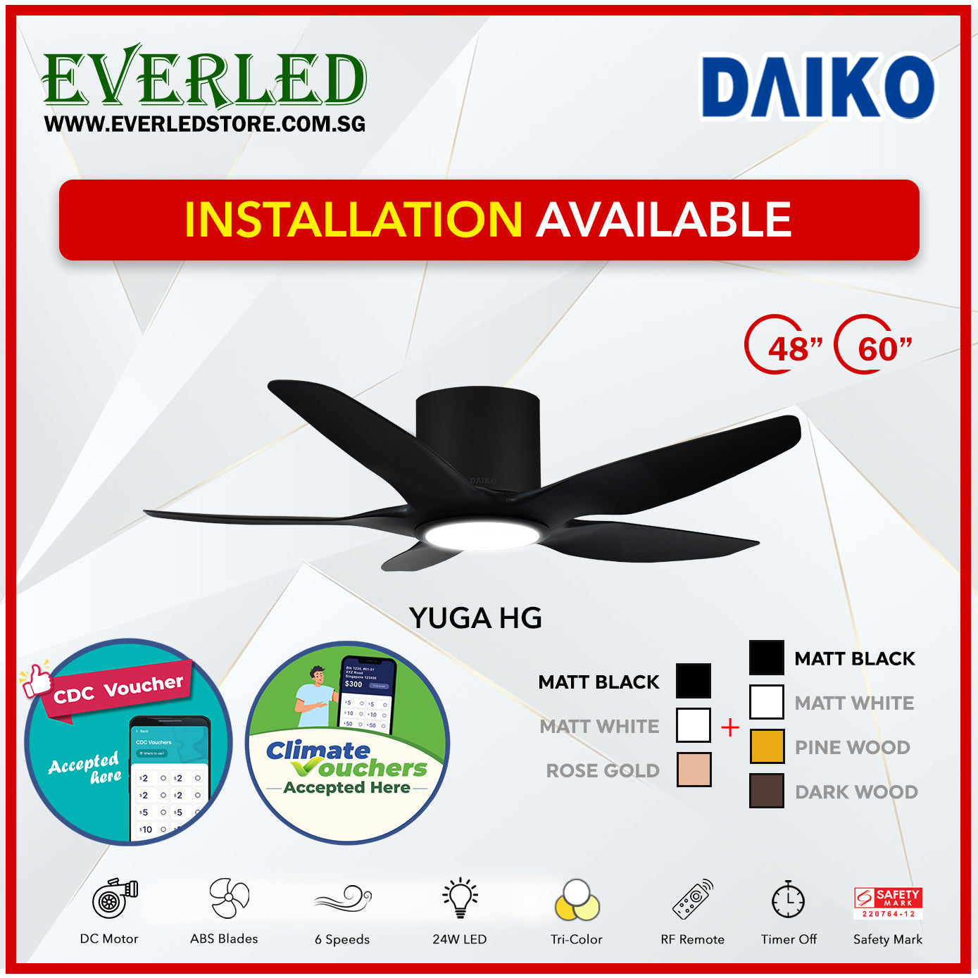 *FREE INSTALLATION* Daiko DC Yuga 5 48"/60" with Tri-color LED (Inverter DC Fan) *CDC & Climate Voucher Accepted in Showroom*