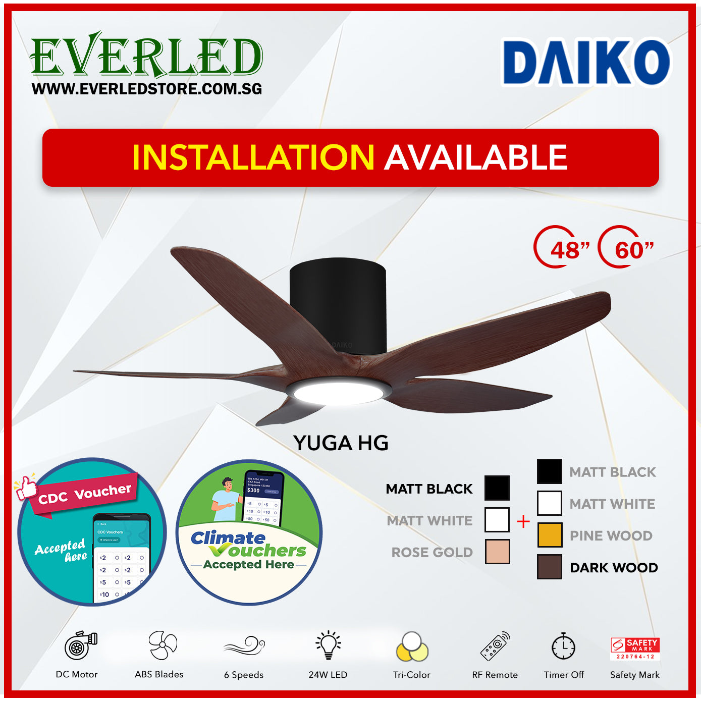 *FREE INSTALLATION* Daiko DC Yuga 5 48"/60" with Tri-color LED (Inverter DC Fan) *CDC & Climate Voucher Accepted in Showroom*