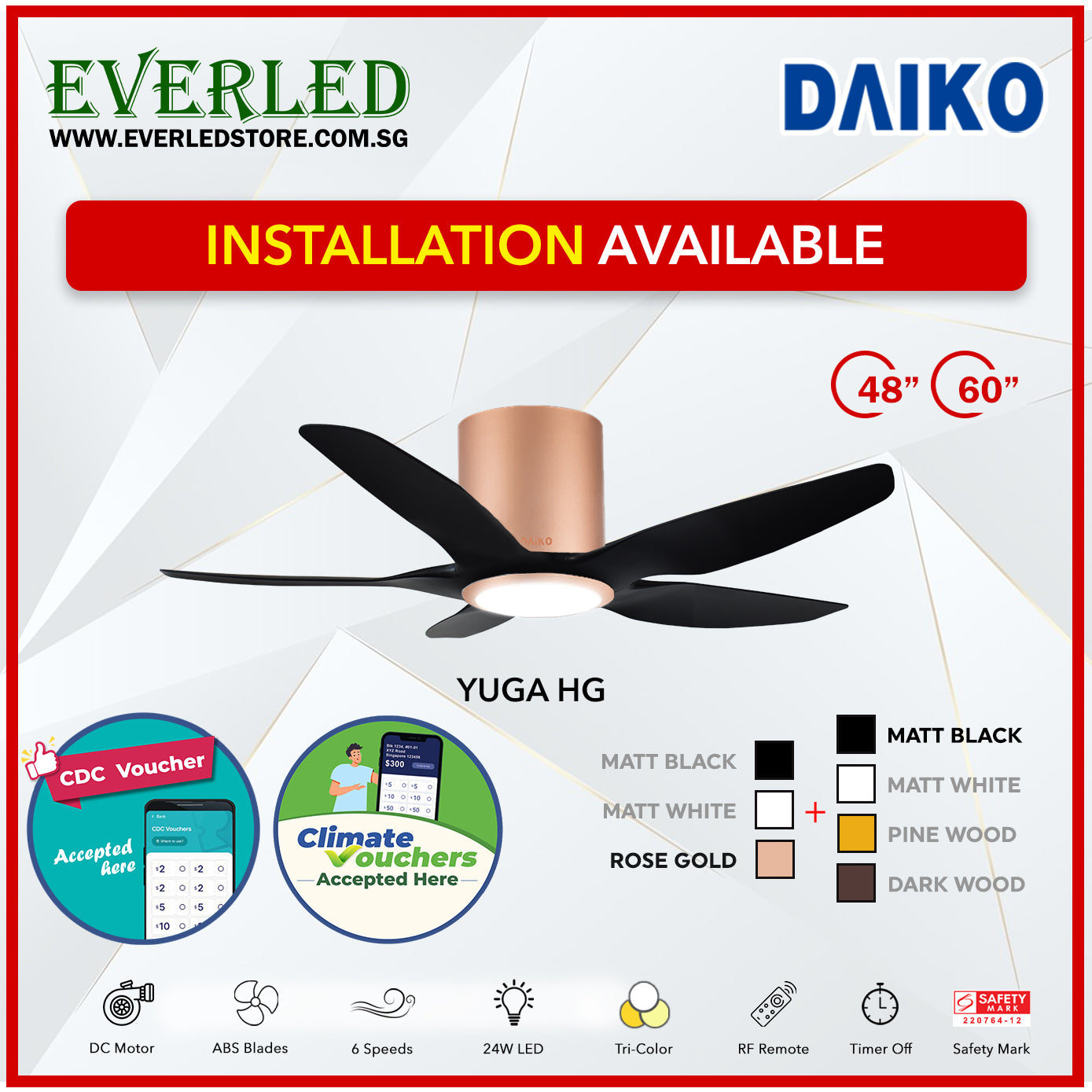 *FREE INSTALLATION* Daiko DC Yuga 5 48"/60" with Tri-color LED (Inverter DC Fan) *CDC & Climate Voucher Accepted in Showroom*