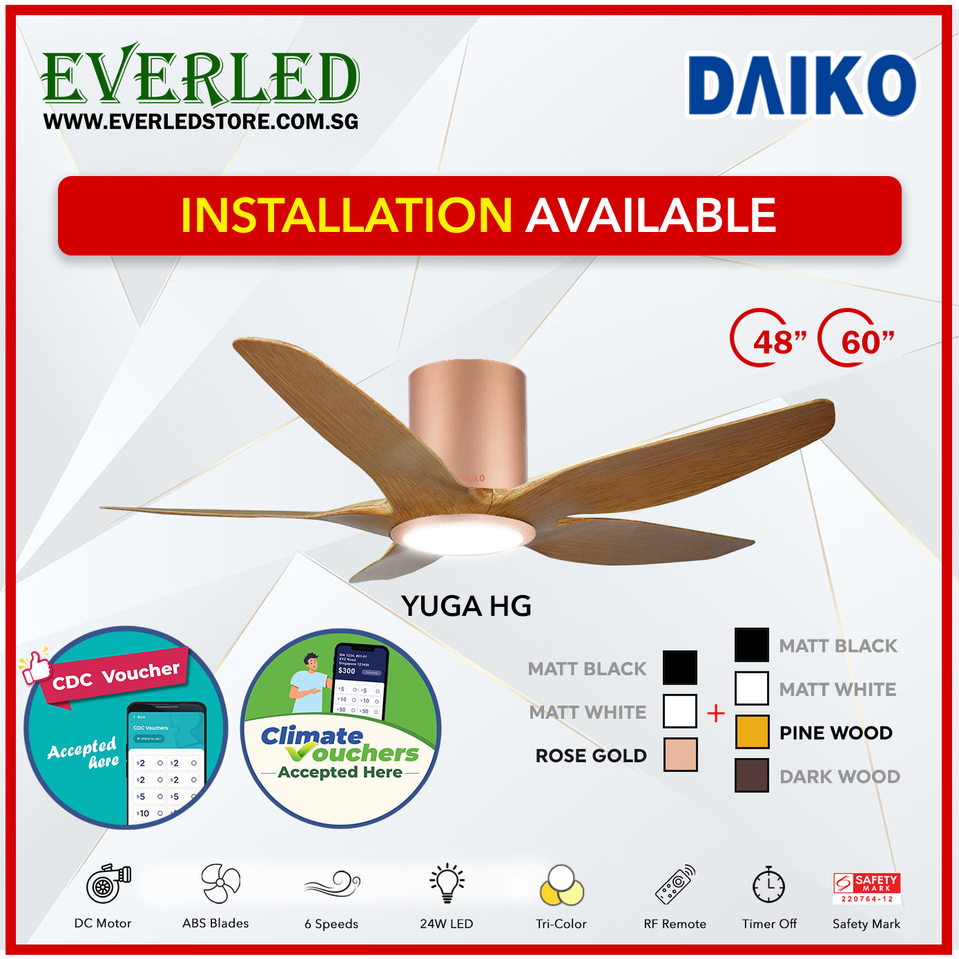 *FREE INSTALLATION* Daiko DC Yuga 5 48"/60" with Tri-color LED (Inverter DC Fan) *CDC & Climate Voucher Accepted in Showroom*