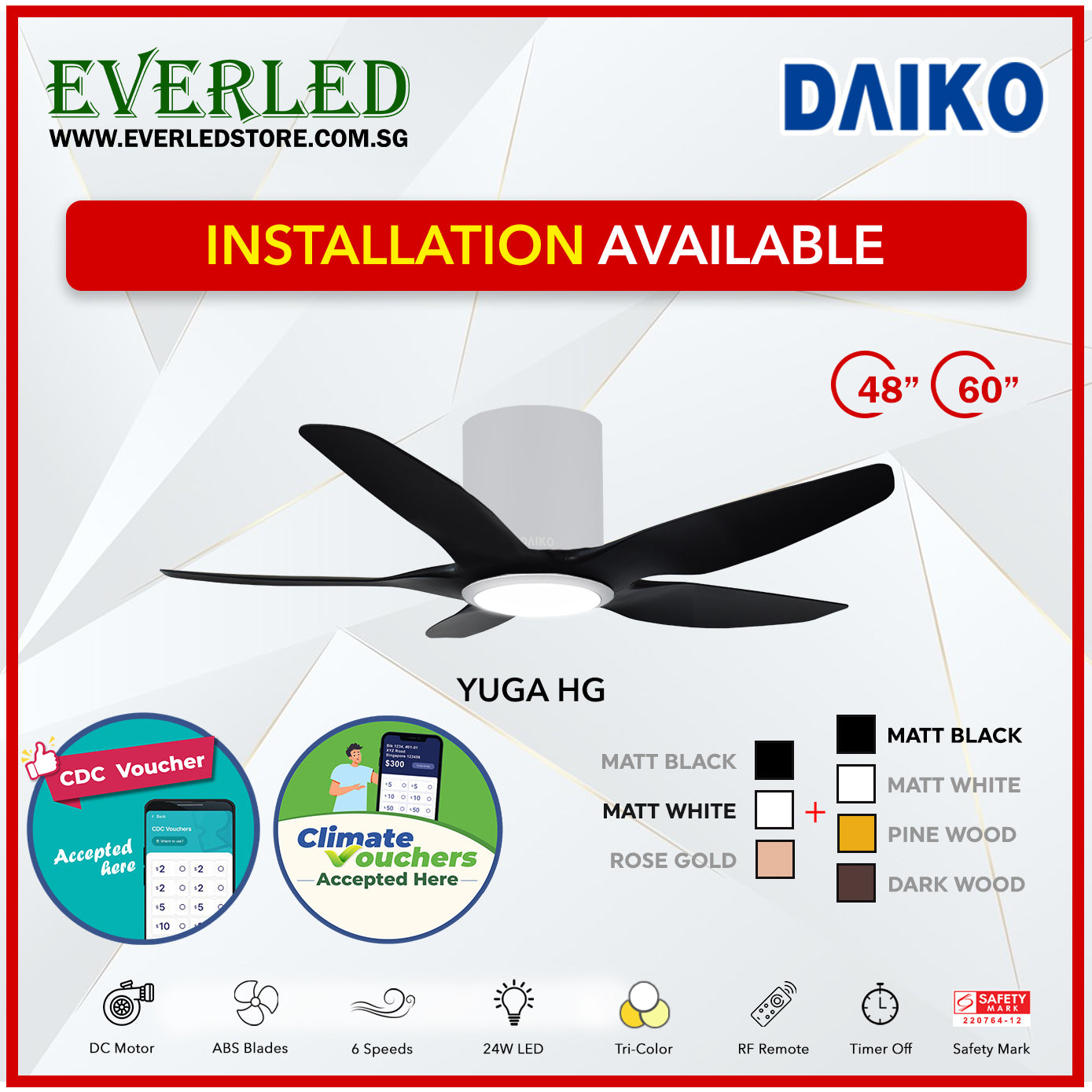 *FREE INSTALLATION* Daiko DC Yuga 5 48"/60" with Tri-color LED (Inverter DC Fan) *CDC & Climate Voucher Accepted in Showroom*