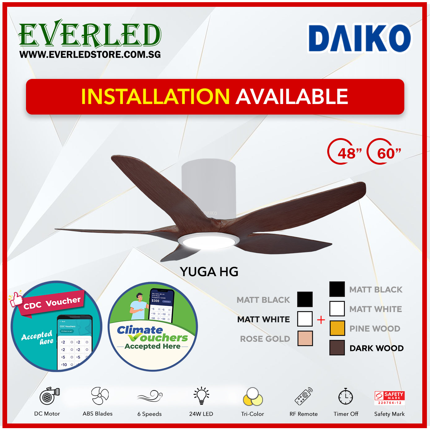 *FREE INSTALLATION* Daiko DC Yuga 5 48"/60" with Tri-color LED (Inverter DC Fan) *CDC & Climate Voucher Accepted in Showroom*