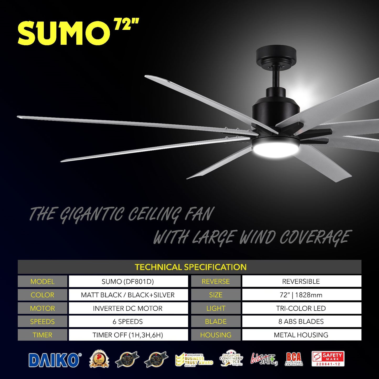 *FREE STANDARD INSTALLATION* Daiko DC Sumo 72" with Tri-color LED (Inverter DC Fan) *CDC & Climate Voucher Accepted In Showroom*