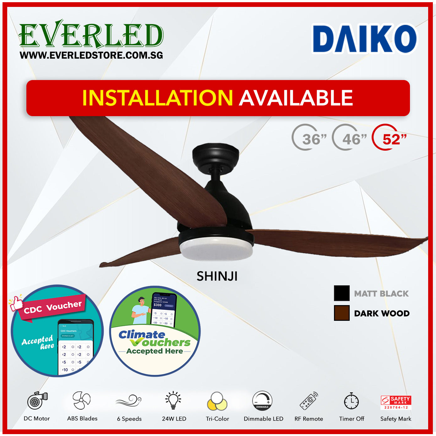 *FREE STANDARD INSTALLATION*  Daiko DC Shinji 36"/46"/52" with Tri-color LED (Inverter DC Fan) *CDC & Climate Voucher Accepted in Showroom*