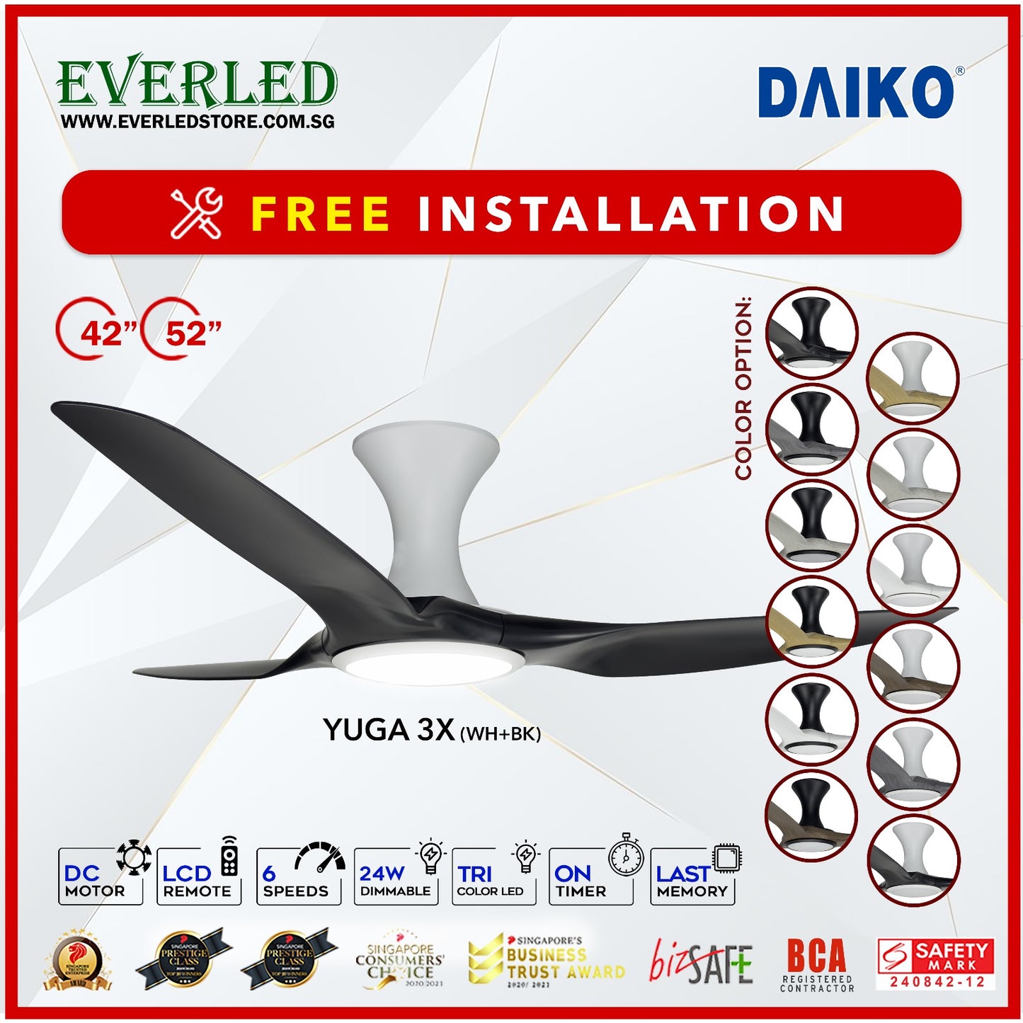 *FREE INSTALLATION* Daiko DC Yuga 3X 42"/52"  with DIMMABLE Tri-color LED (Inverter DC Fan) *CDC & Climate Voucher Accepted in Showroom*