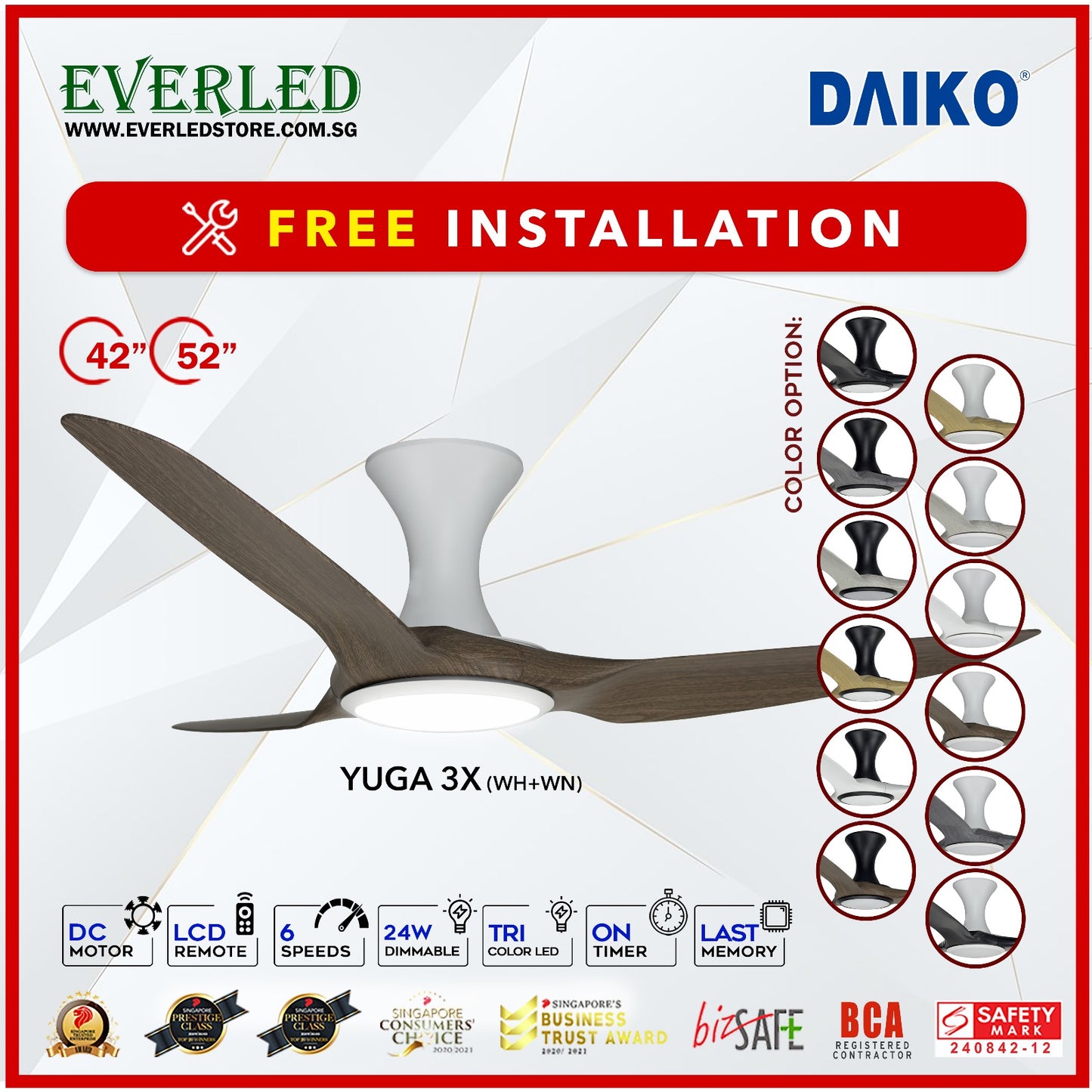 *FREE INSTALLATION* Daiko DC Yuga 3X 42"/52"  with DIMMABLE Tri-color LED (Inverter DC Fan) *CDC & Climate Voucher Accepted in Showroom*