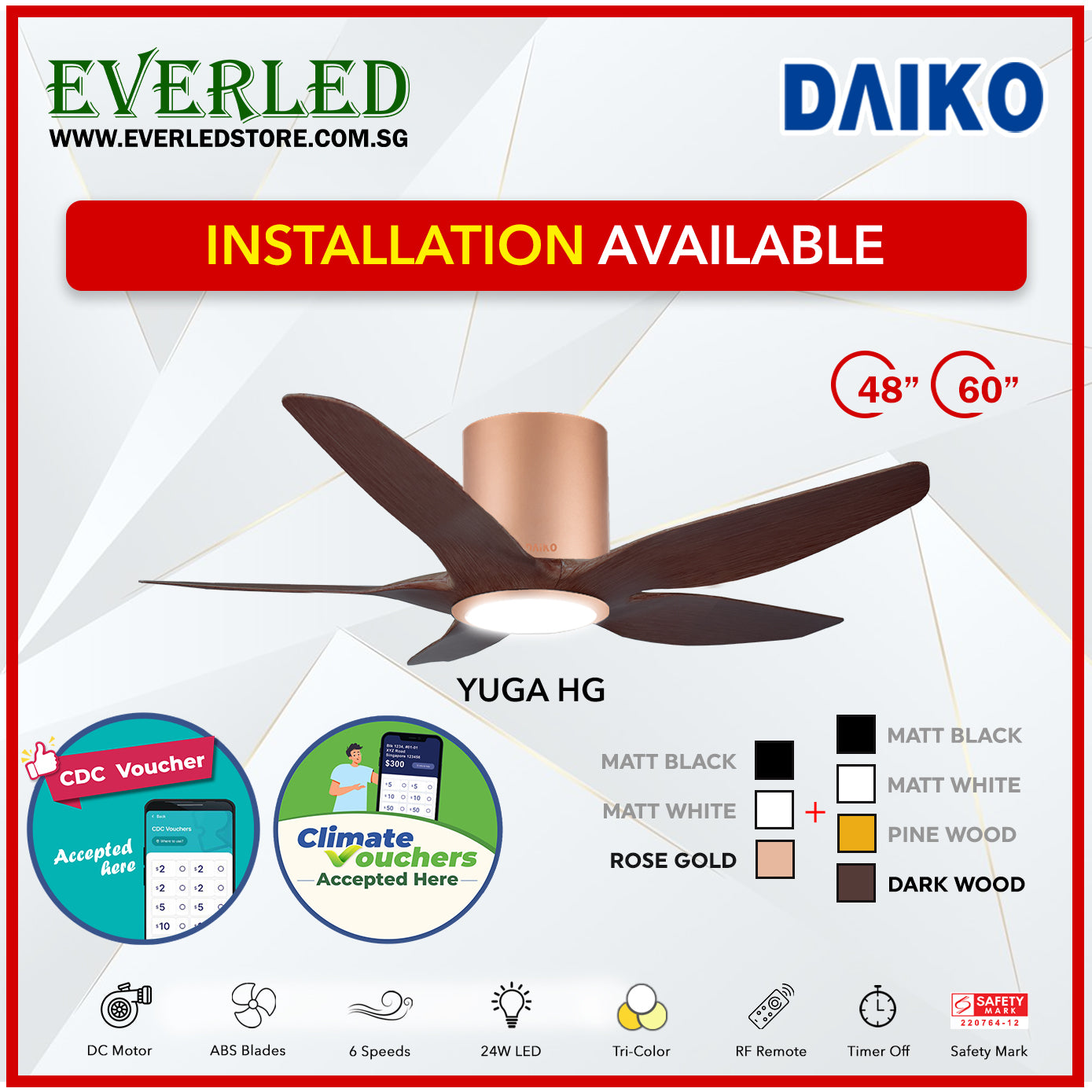 *FREE INSTALLATION* Daiko DC Yuga 5 48"/60"  with Tri-color LED (Inverter DC Fan) *CDC & Climate Voucher Accepted in Showroom*